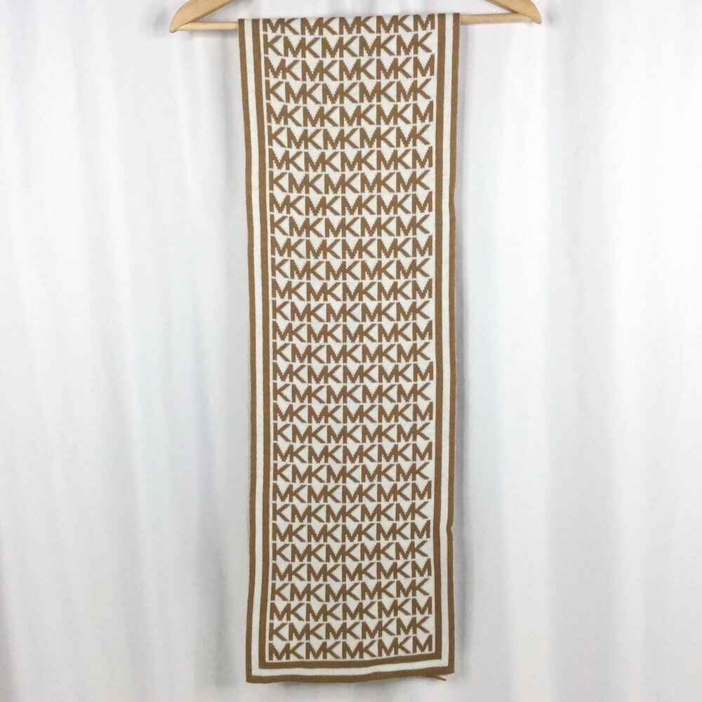 MICHAEL Michael Kors Scarf MK Logo Bordered Beige White Rectangle Knit